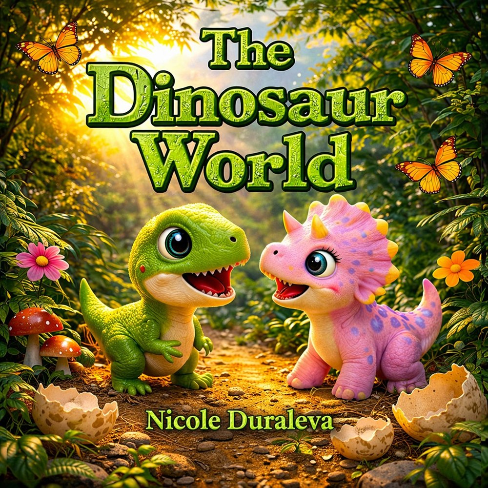 Cover of The Dinosaur World by Nicole Duraleva: a small green dinosaur and a pink triceratops meet on a sunlit jungle path surrounded by butterflies and hatching eggs.