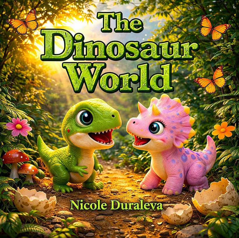 The front cover of The Dinosaur World: two little dinosaurs on a sunlit jungle path.