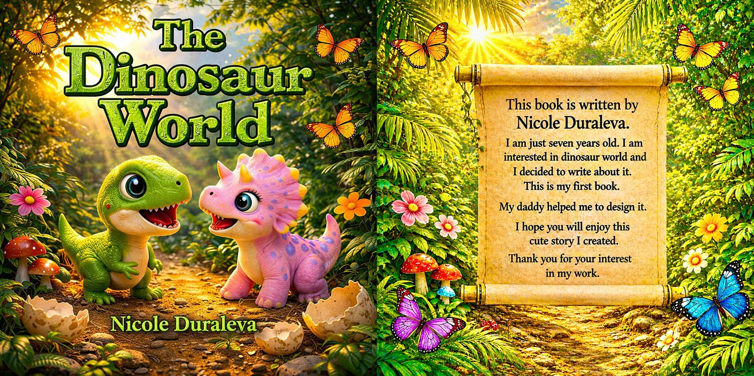 The book opened flat: the front cover on the left showing two little dinosaurs on a jungle path, and on the right a scroll where Nicole introduces herself and her book.