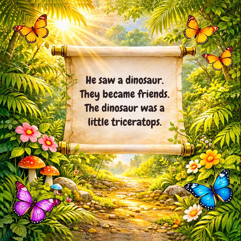 A scroll in the jungle reads: He saw a dinosaur. They became friends. The dinosaur was a little triceratops.