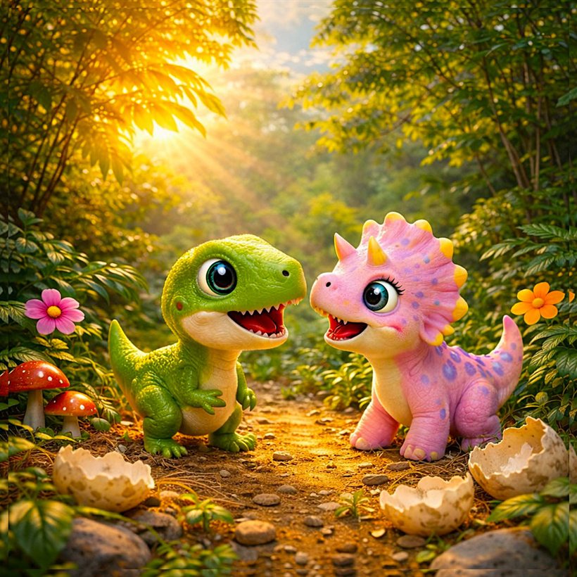 A green dinosaur and a pink triceratops meeting on a sunlit jungle path.