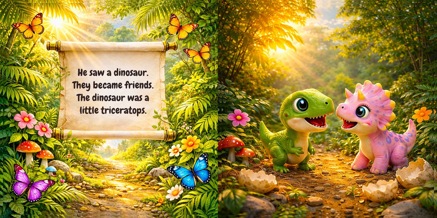 Spread from The Dinosaur World: a scroll reads "He saw a dinosaur. They became friends. The dinosaur was a little triceratops," beside an illustration of a green dinosaur and a pink triceratops meeting on a sunlit path.