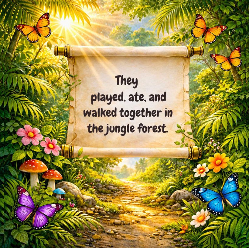A scroll in the jungle reads: They played, ate, and walked together in the jungle forest.