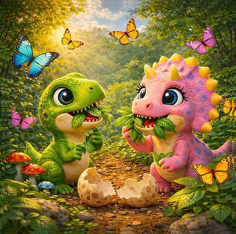 The green dinosaur and the pink triceratops walking together through the sunlit jungle.