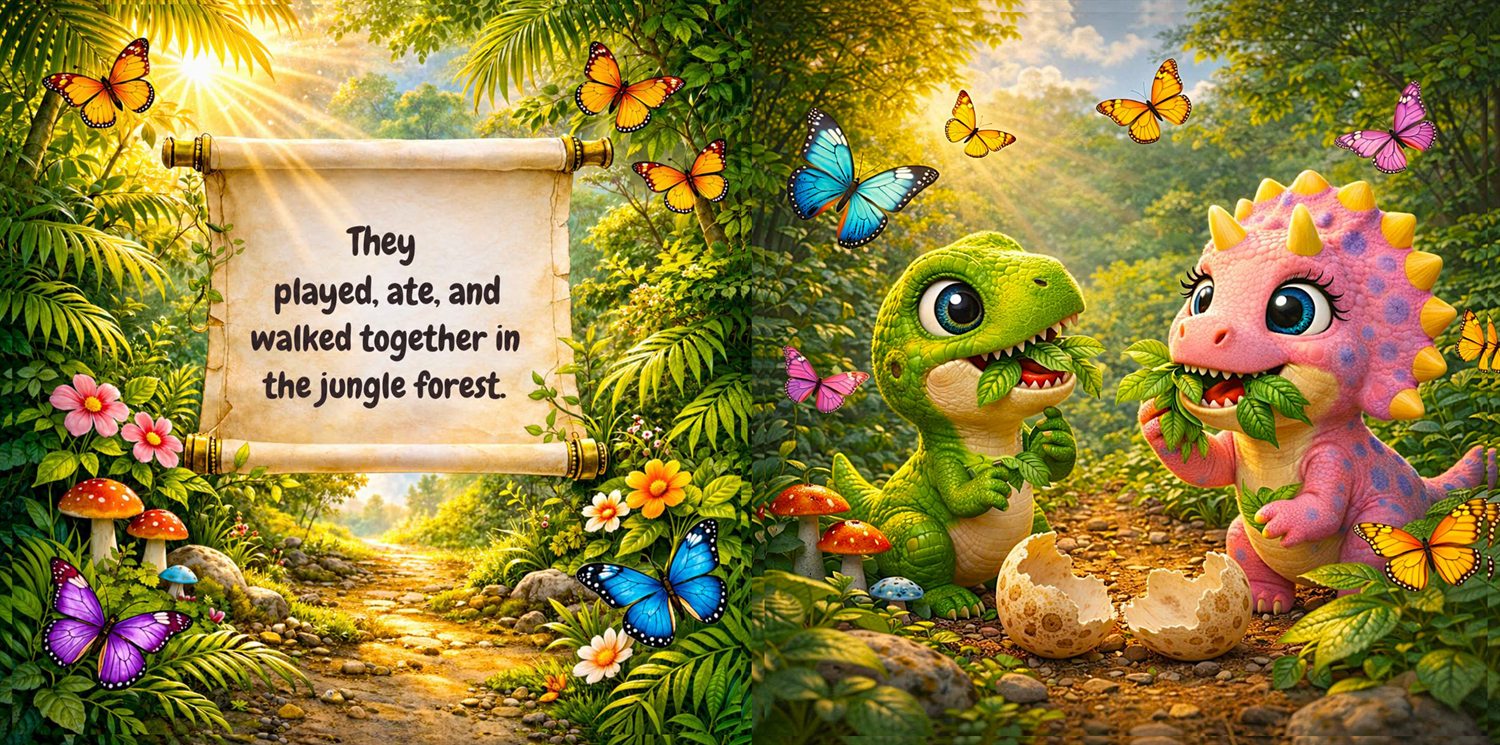 Spread from The Dinosaur World: a scroll reads "They played, ate, and walked together in the jungle forest," beside the two dinosaurs walking through the jungle.